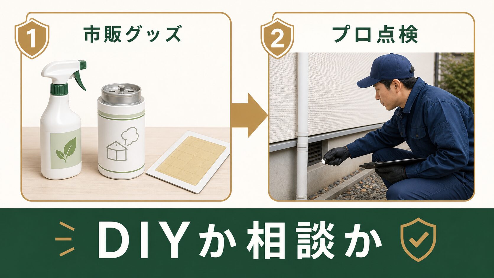 市販の害獣対策グッズとプロ点検を比較するイメージ