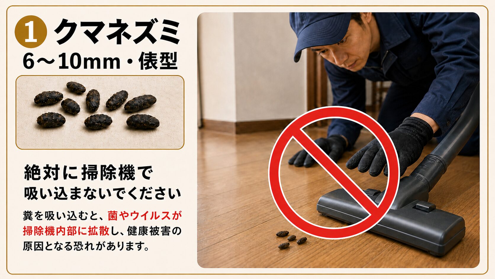 ネズミの糞を掃除機で吸い込んではいけないことを示すイメージ
