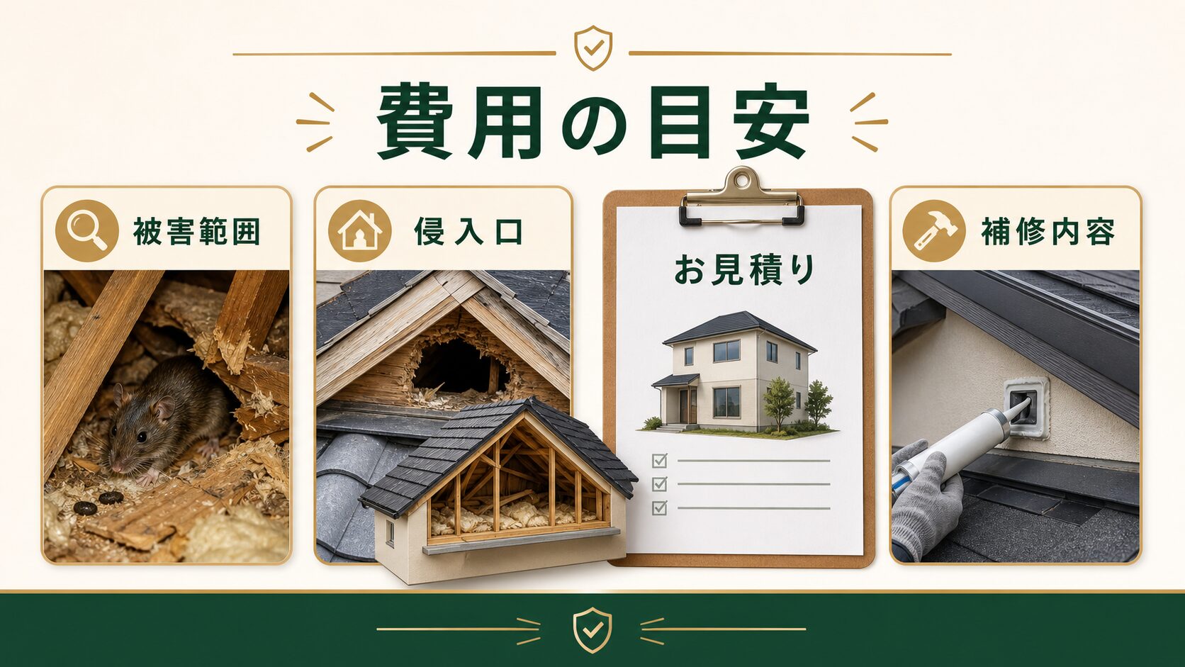 天井裏の害獣駆除費用に影響する被害範囲・侵入口・補修内容のイメージ