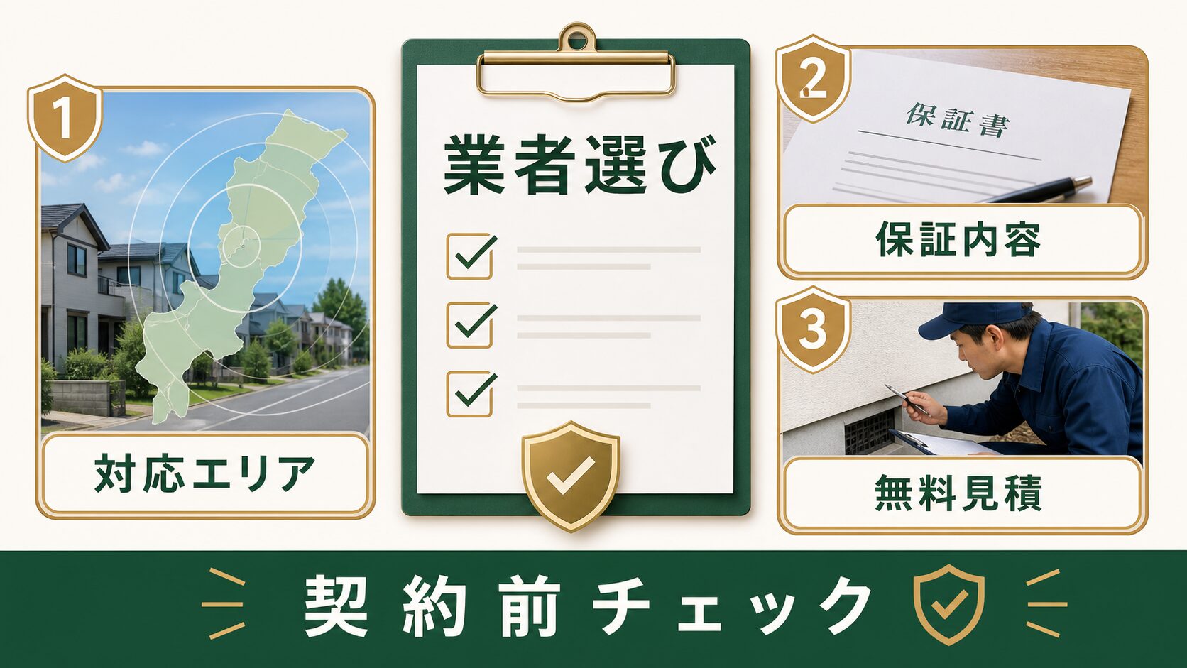害獣駆除業者を対応エリア・保証内容・無料見積もりで比較するイメージ