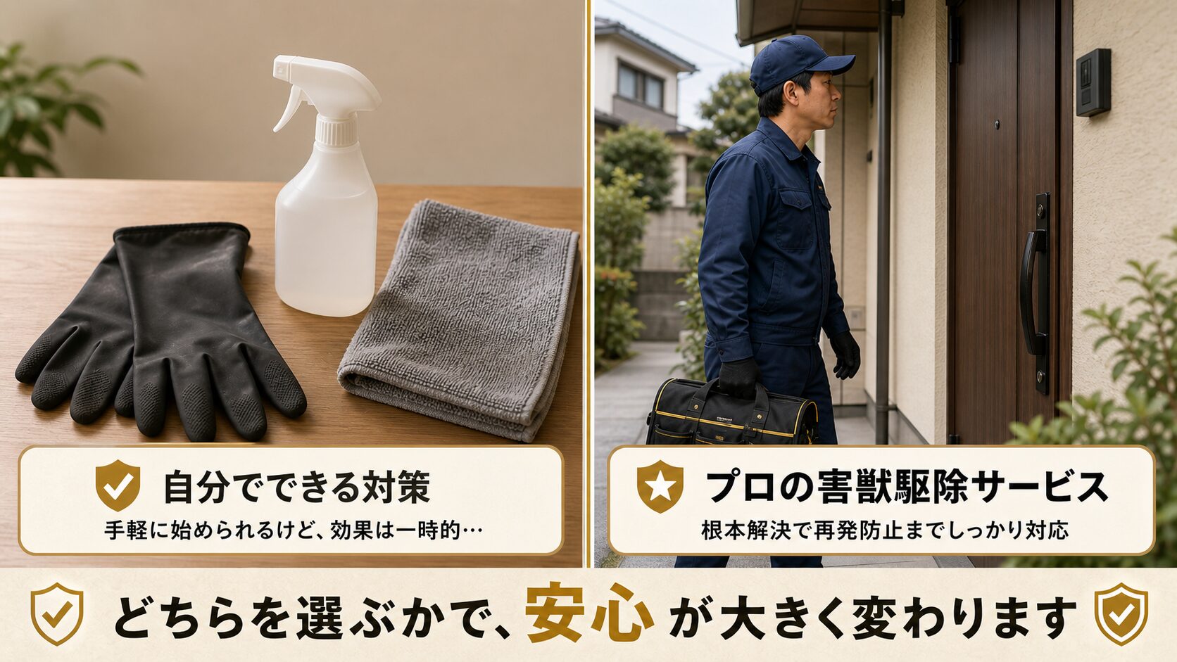 自分で対処するか業者に依頼するか比較しているイメージ