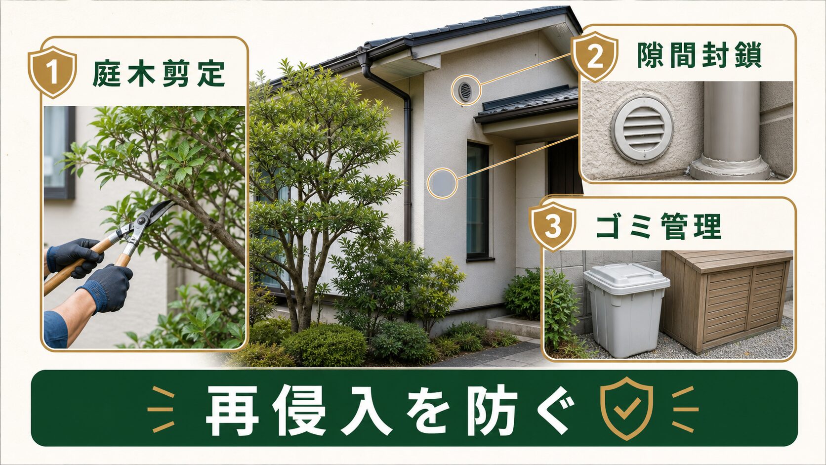 庭木剪定・隙間封鎖・ゴミ管理で害獣の再侵入を防ぐイメージ