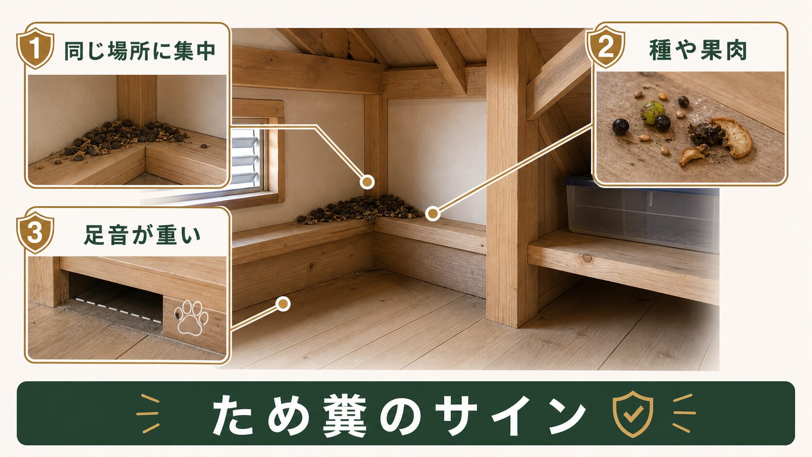 ハクビシンのため糞や見分け方の特徴を示す図解