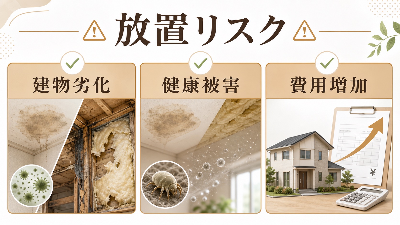 天井のシミと断熱材の破れを放置するリスクの図解