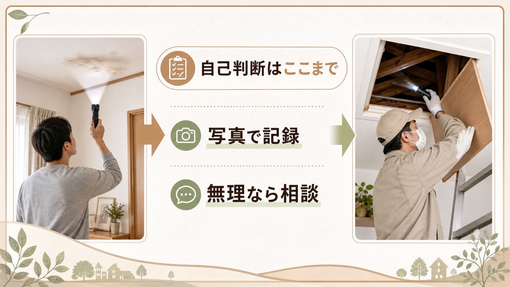 天井シミを自分で確認し専門業者へ相談する流れの図解