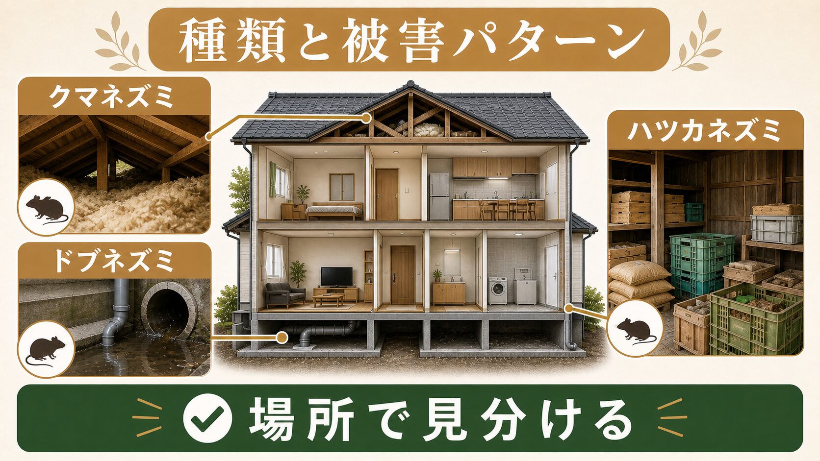 自宅に出るネズミは3種類|アサンテの現地調査でわかる被害の見分け方のイメージ
