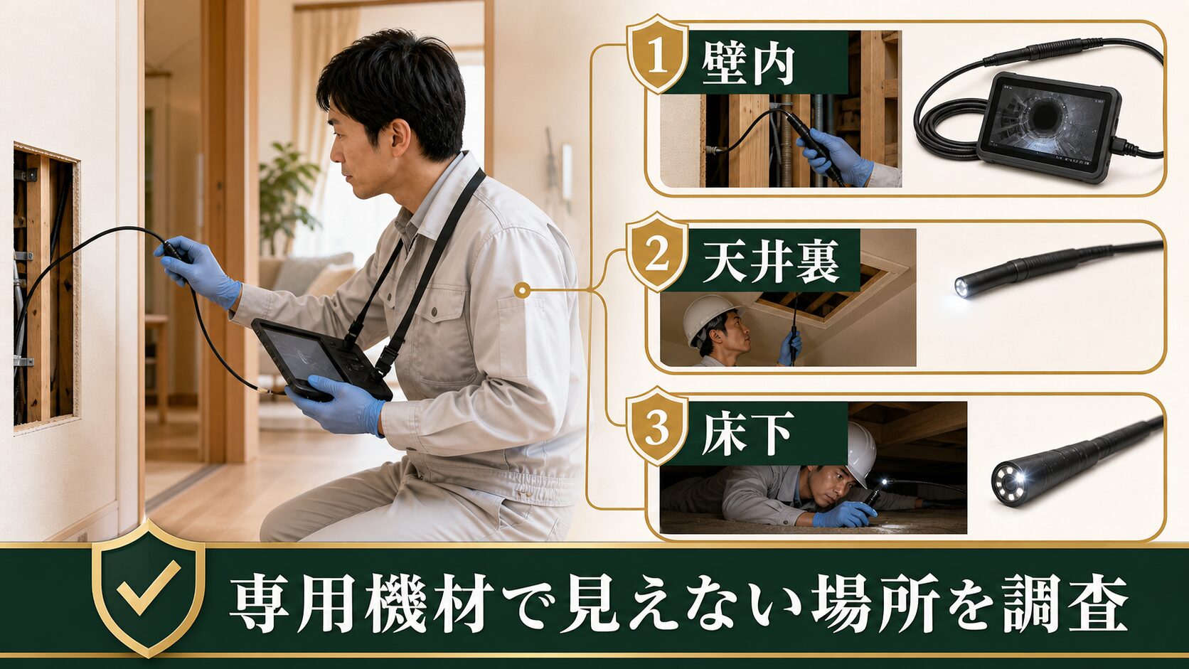 専用機材で壁内や天井裏を調査するイメージ
