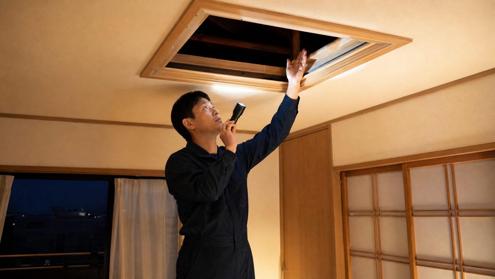 天井裏に光を当てて様子を見る応急対処のイメージ