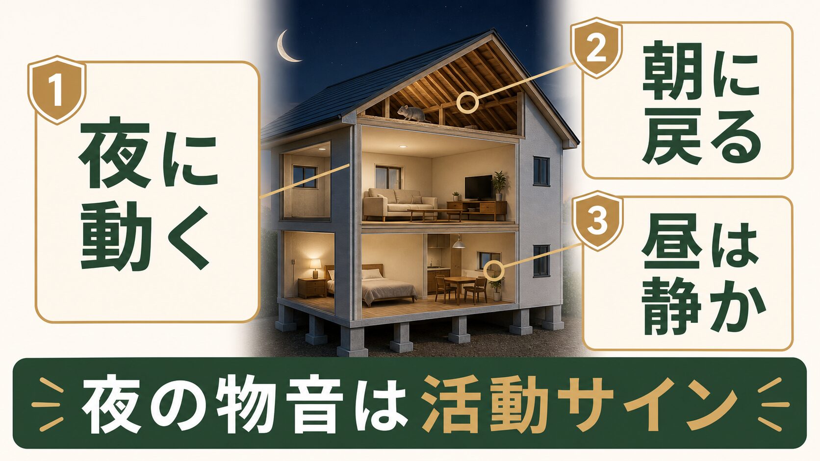 夜中や明け方に天井裏の物音が大きくなる理由を解説する図解