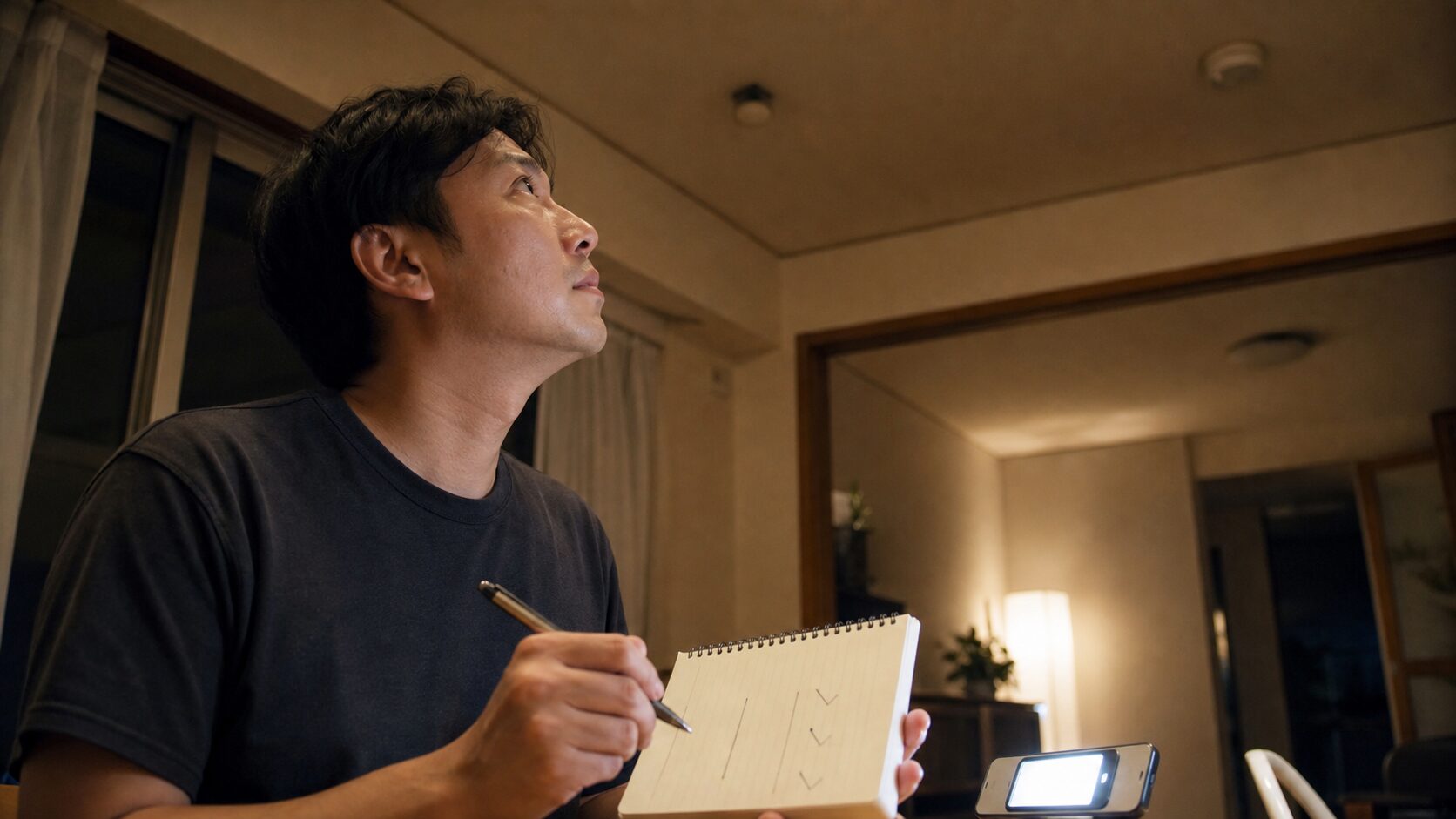 天井裏の物音をメモして変化を確認するイメージ