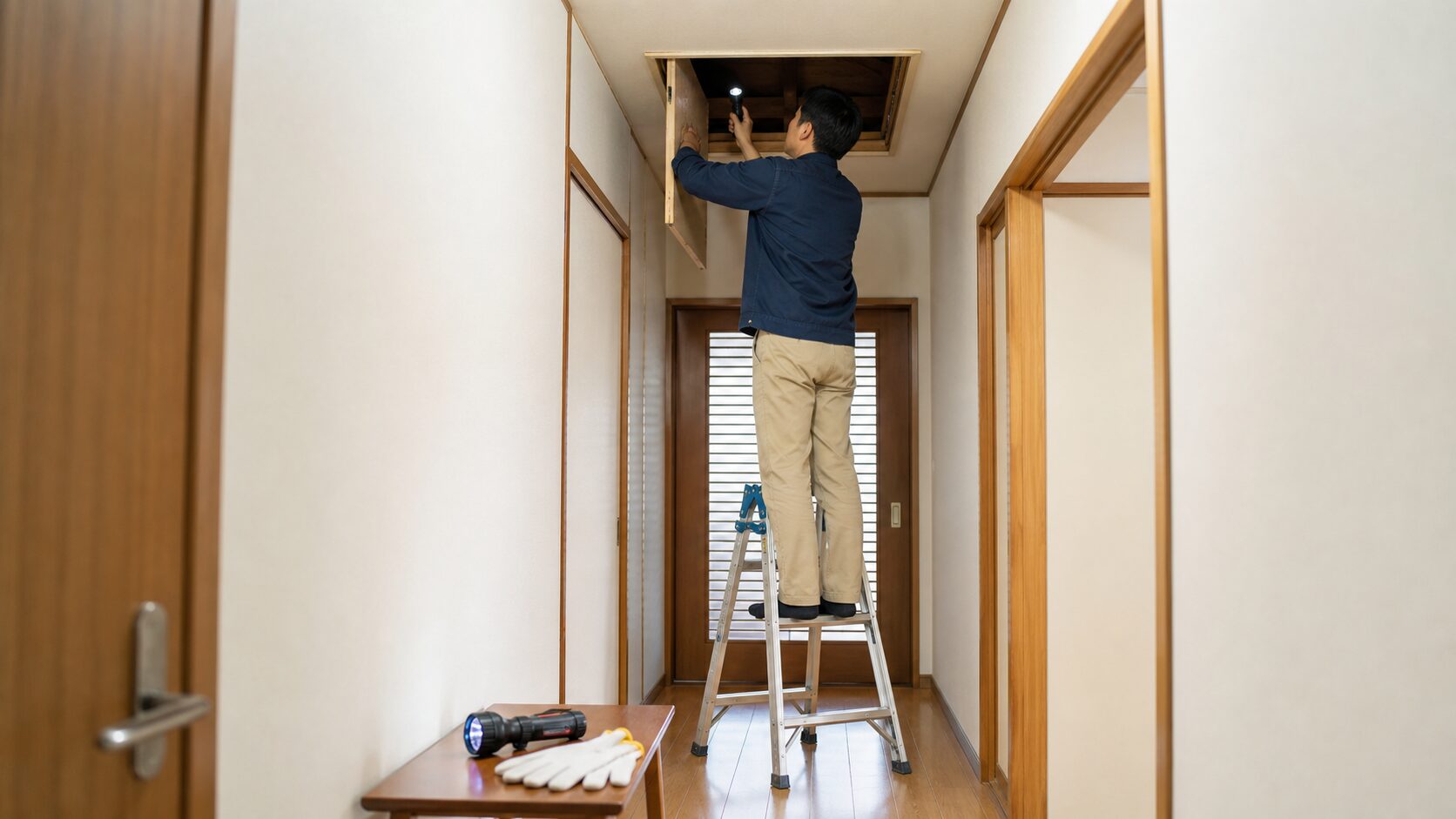 天井裏の応急対処を安全に行う作業姿勢のイメージ