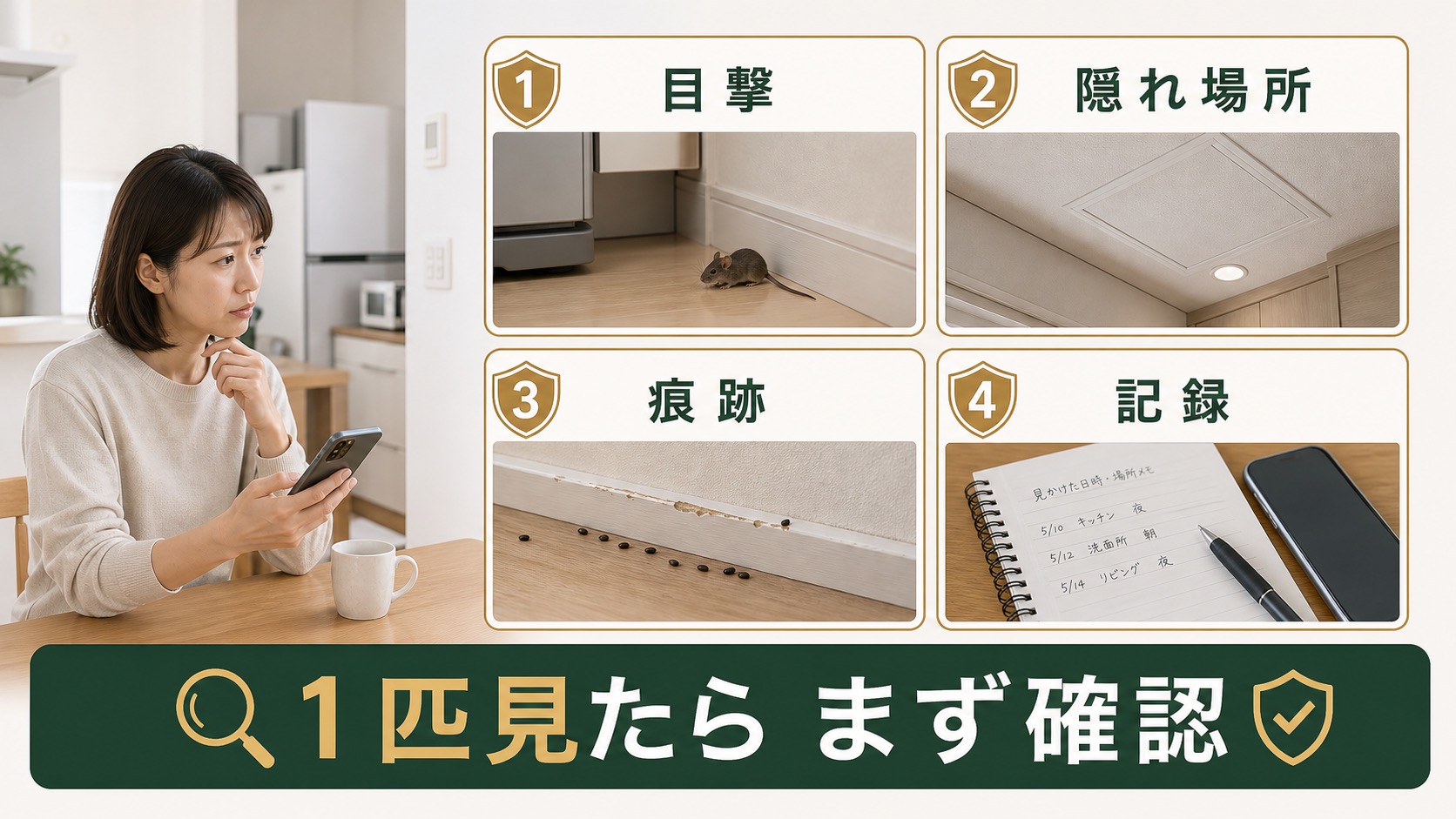 ネズミを1匹見たときに目撃場所や痕跡を確認する図解