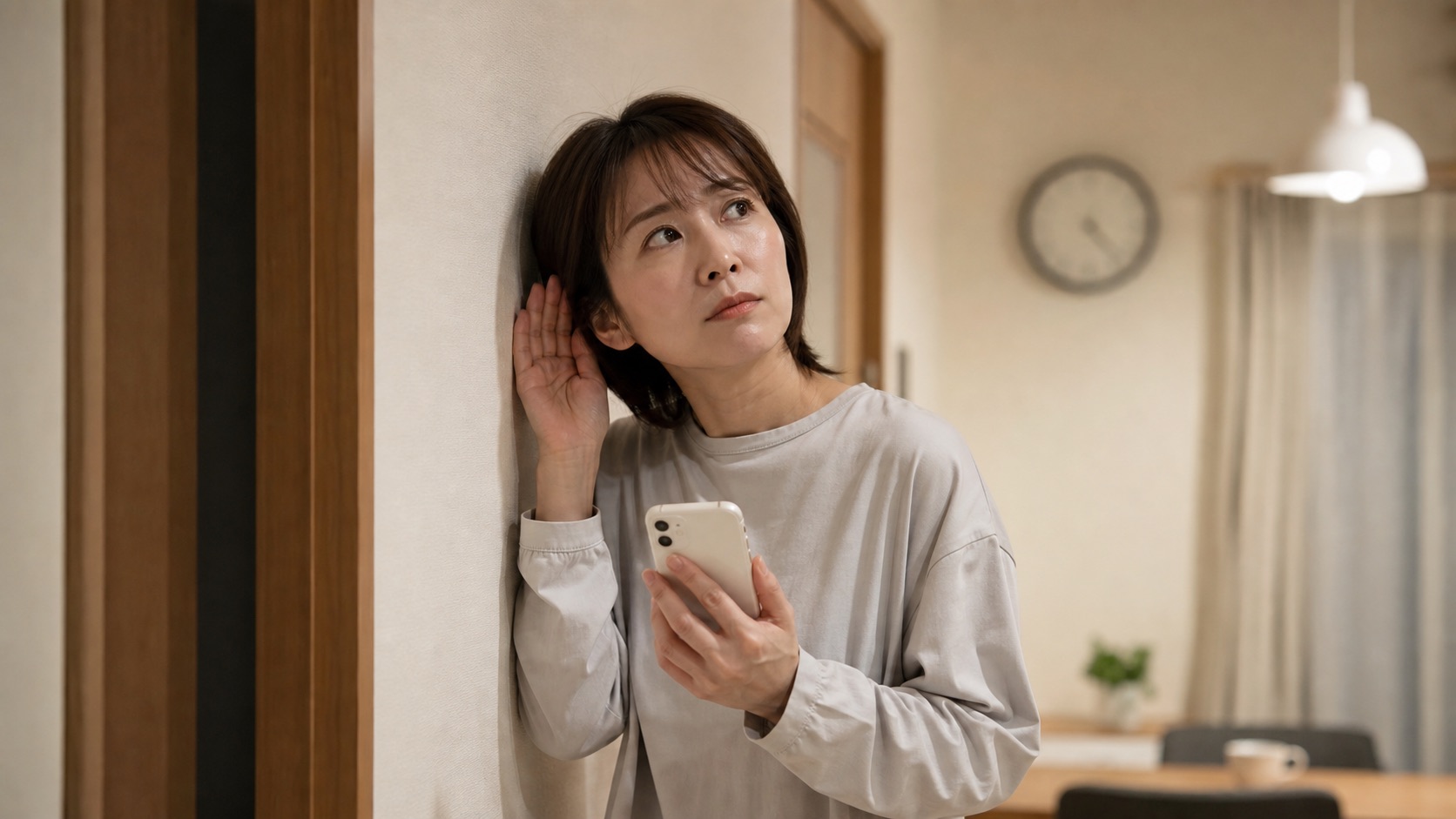 壁際でネズミの物音がしないか耳を澄ませる女性の写真