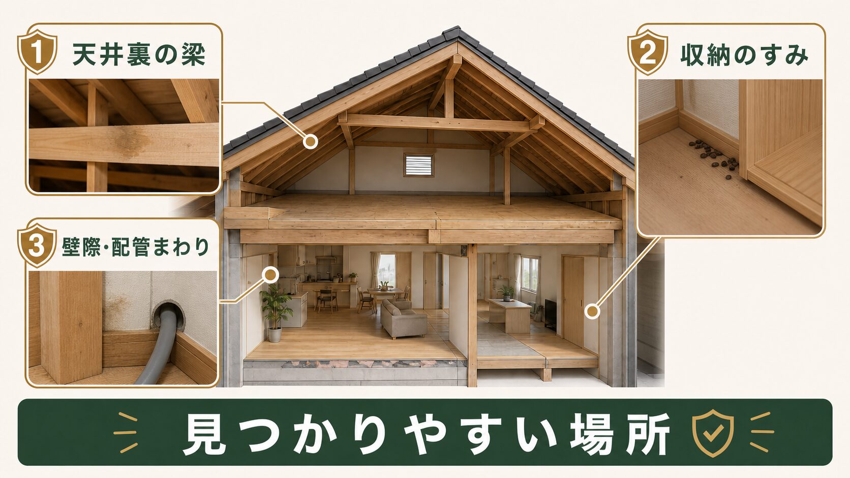 ネズミの尿だまりや糞が見つかりやすい場所の図解