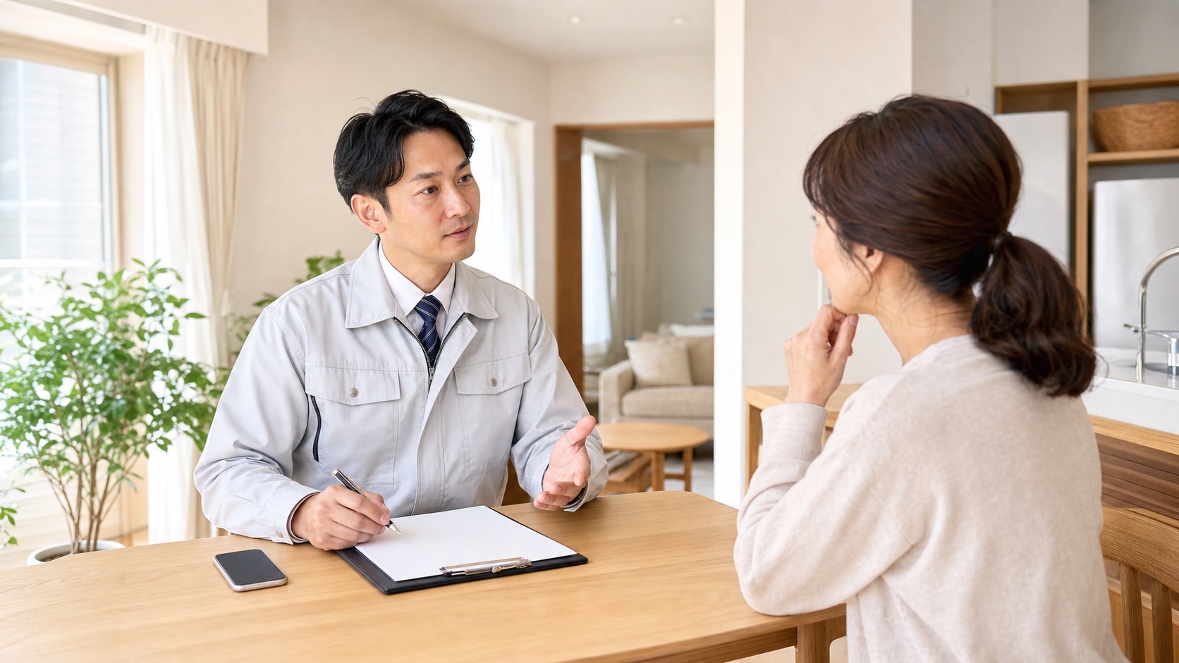 専門業者が住宅内でネズミ被害の相談を受ける写真