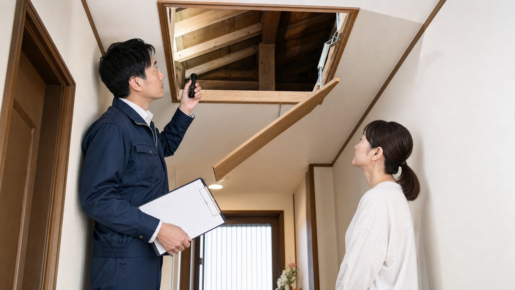 専門業者が天井裏を点検するイメージ