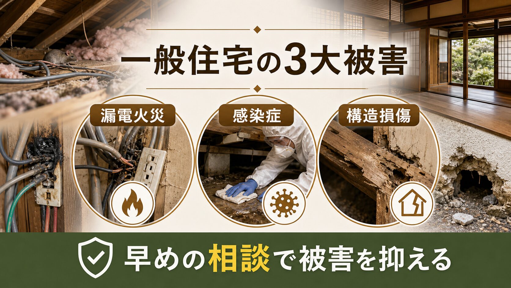 ネズミ被害のサインと相談目安を示すイメージ