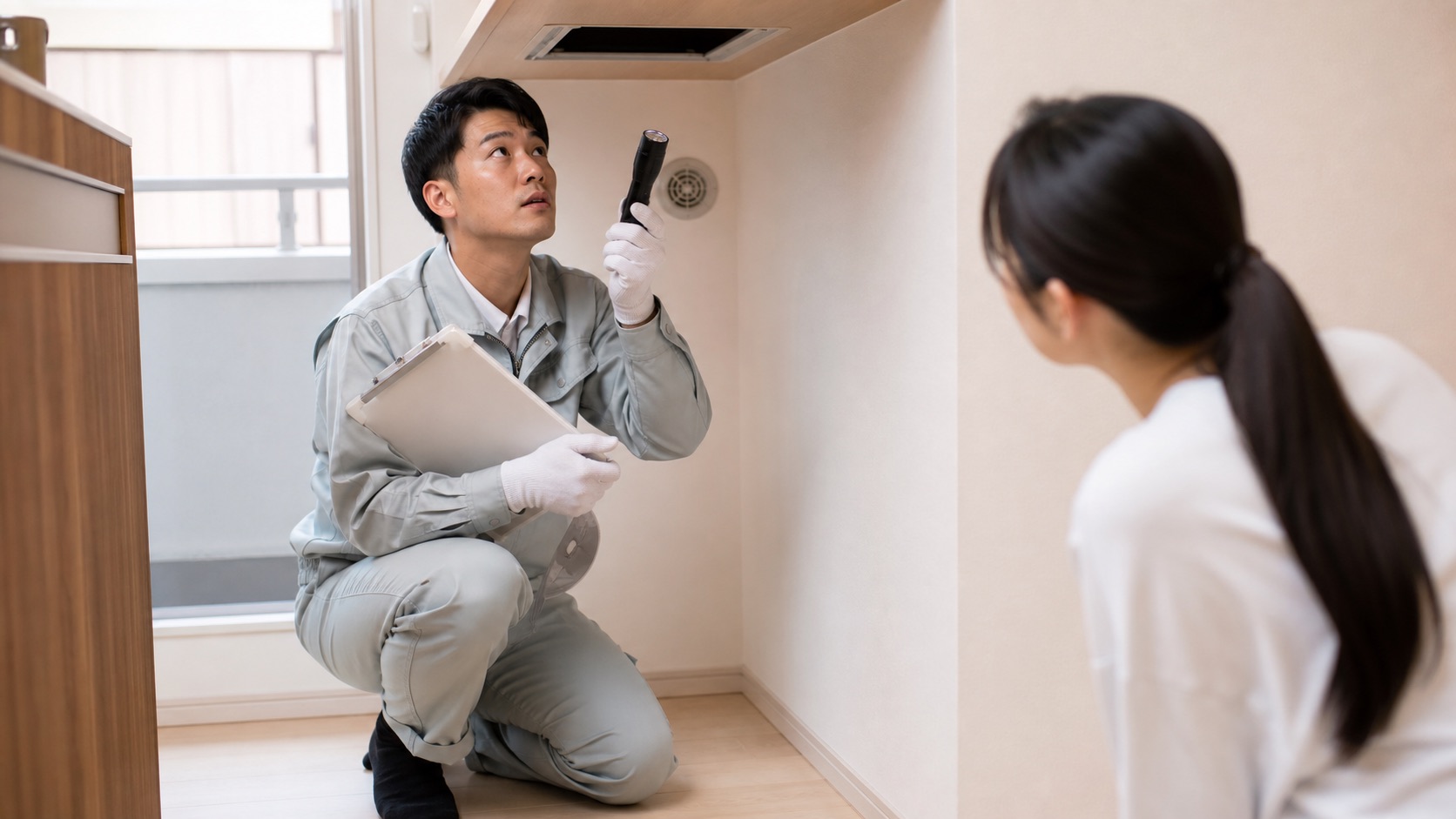 専門業者が天井点検口を確認してネズミ被害を調査する写真