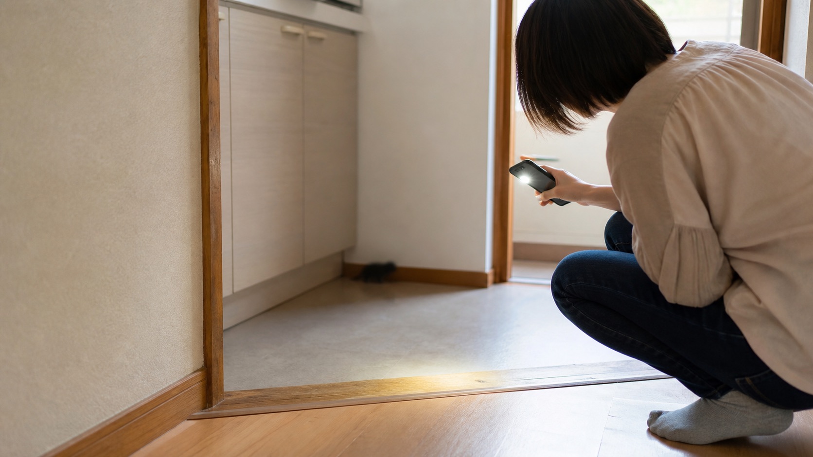 玄関付近で小さな影をライトで確認する女性の写真