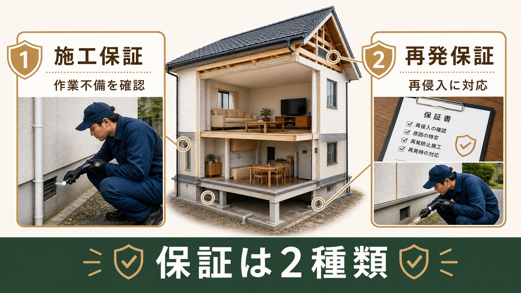 ネズミ駆除の施工保証と再発保証の違いを解説する図解