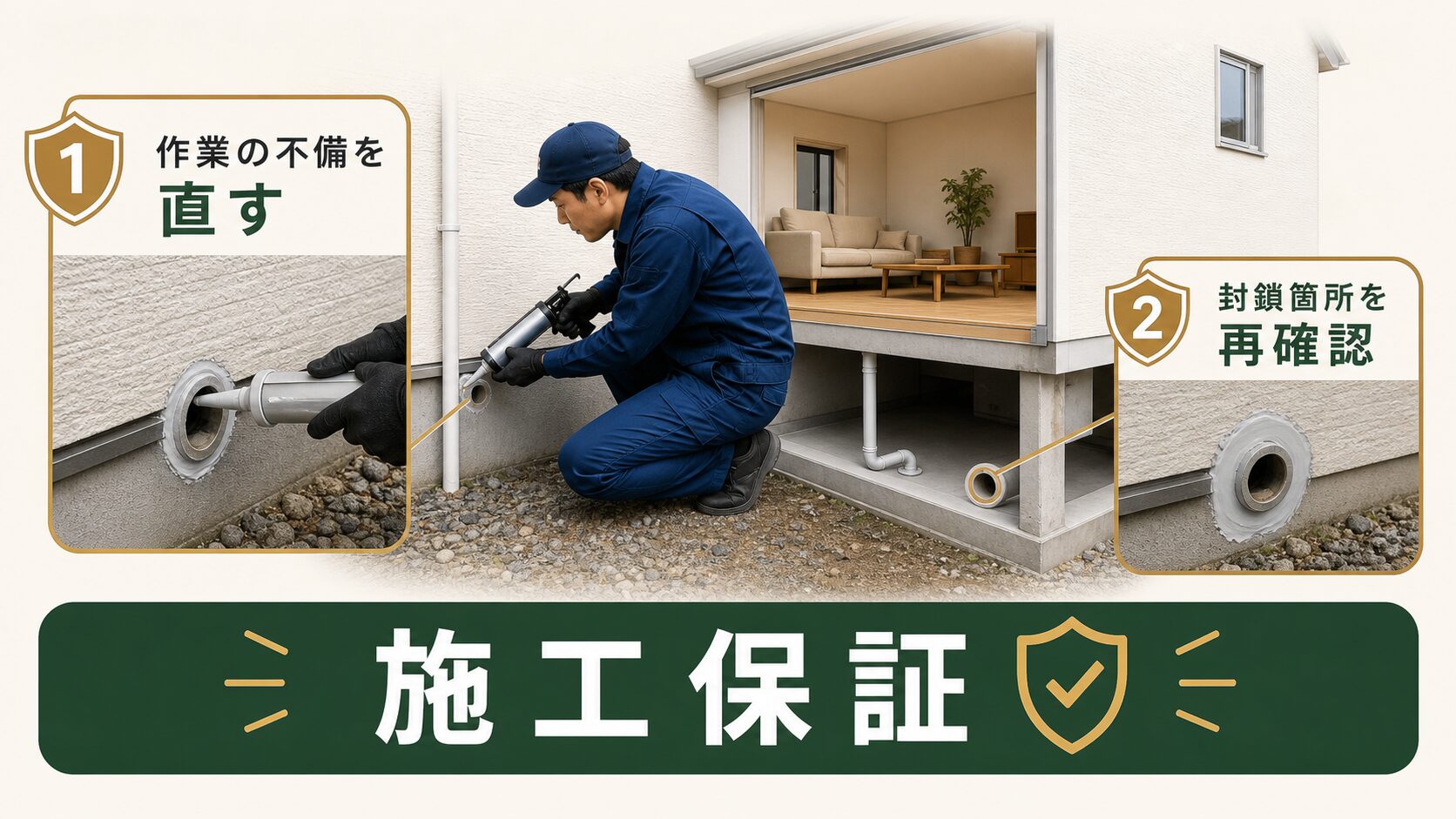 ネズミ駆除の施工保証で作業不備を確認するイメージ
