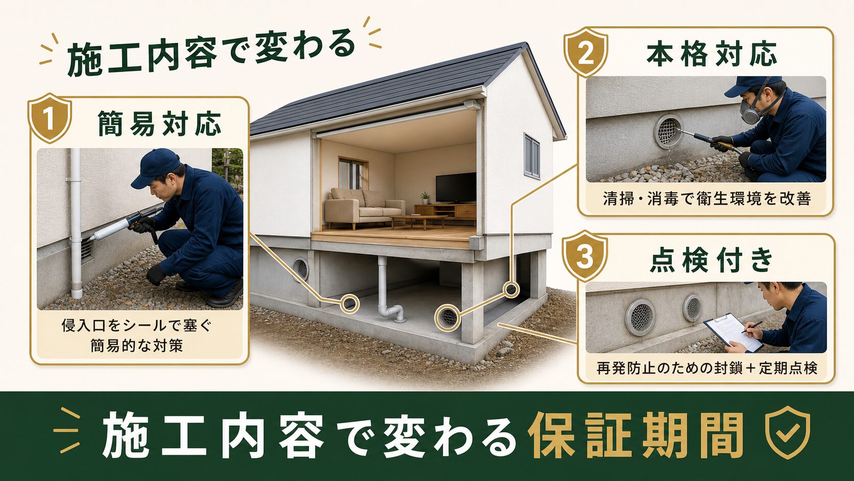 施工内容によって保証期間が変わることを示す図解