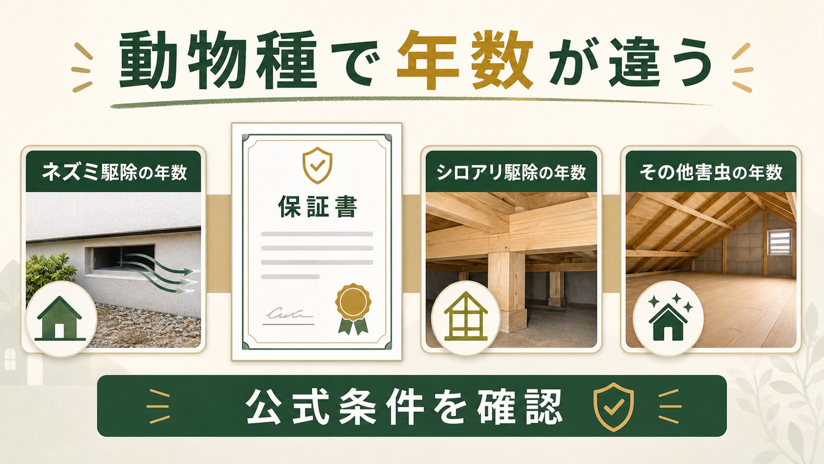 害獣の種類によって保証年数が違うことを示す図解