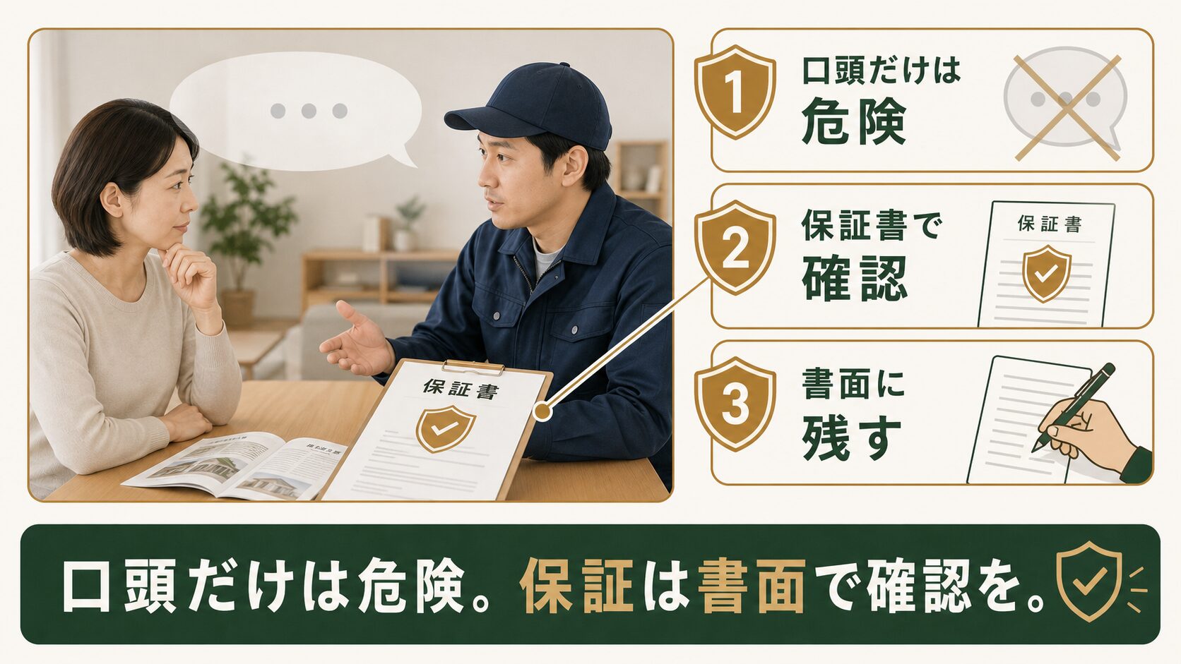 口頭説明だけでなく保証書で確認するイメージ