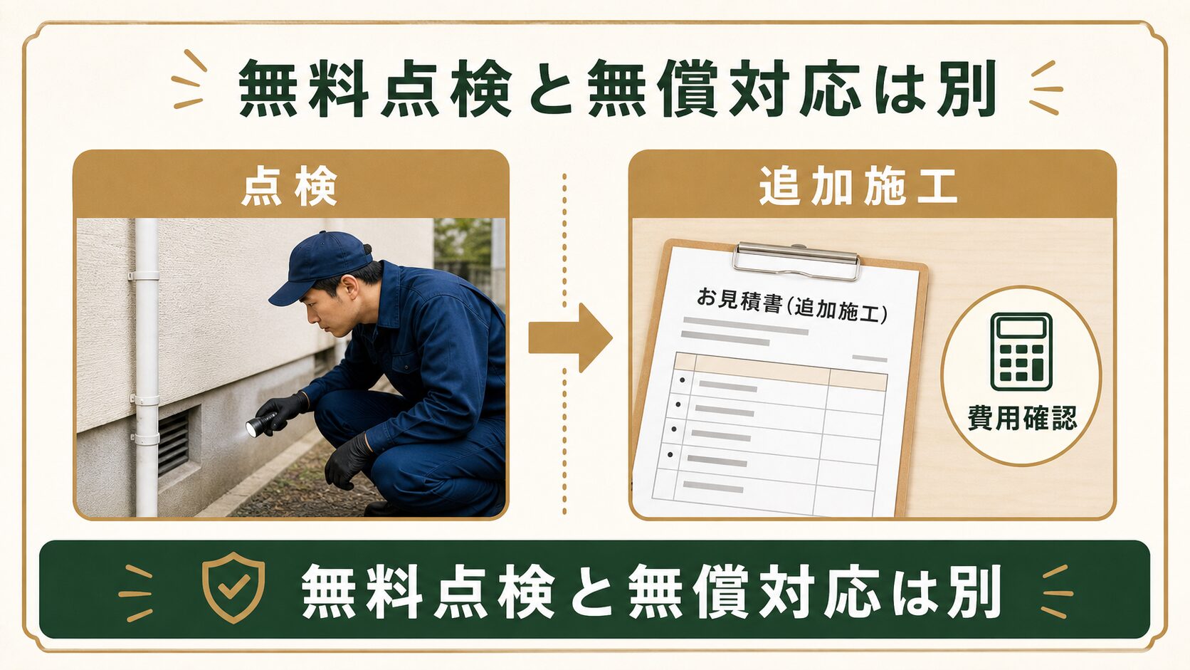 無料点検と無償対応の違いを示す図解