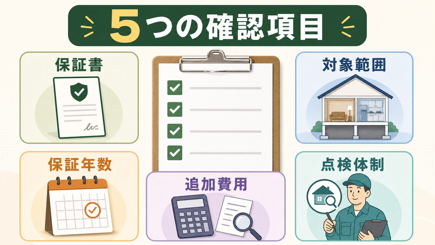 保証書や対象範囲など5つの確認項目を示す図解