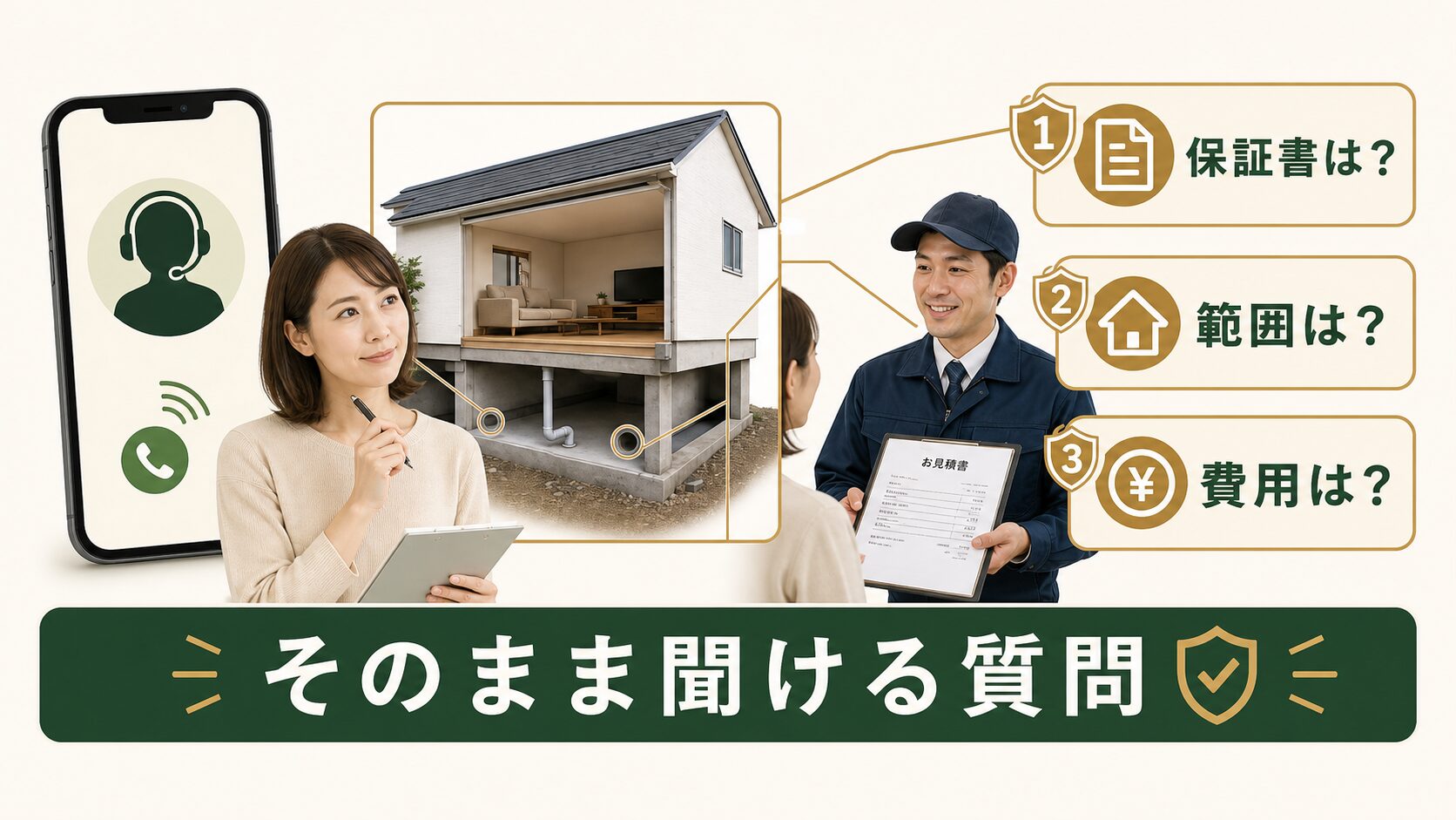電話や見積もり時に保証内容を質問するイメージ