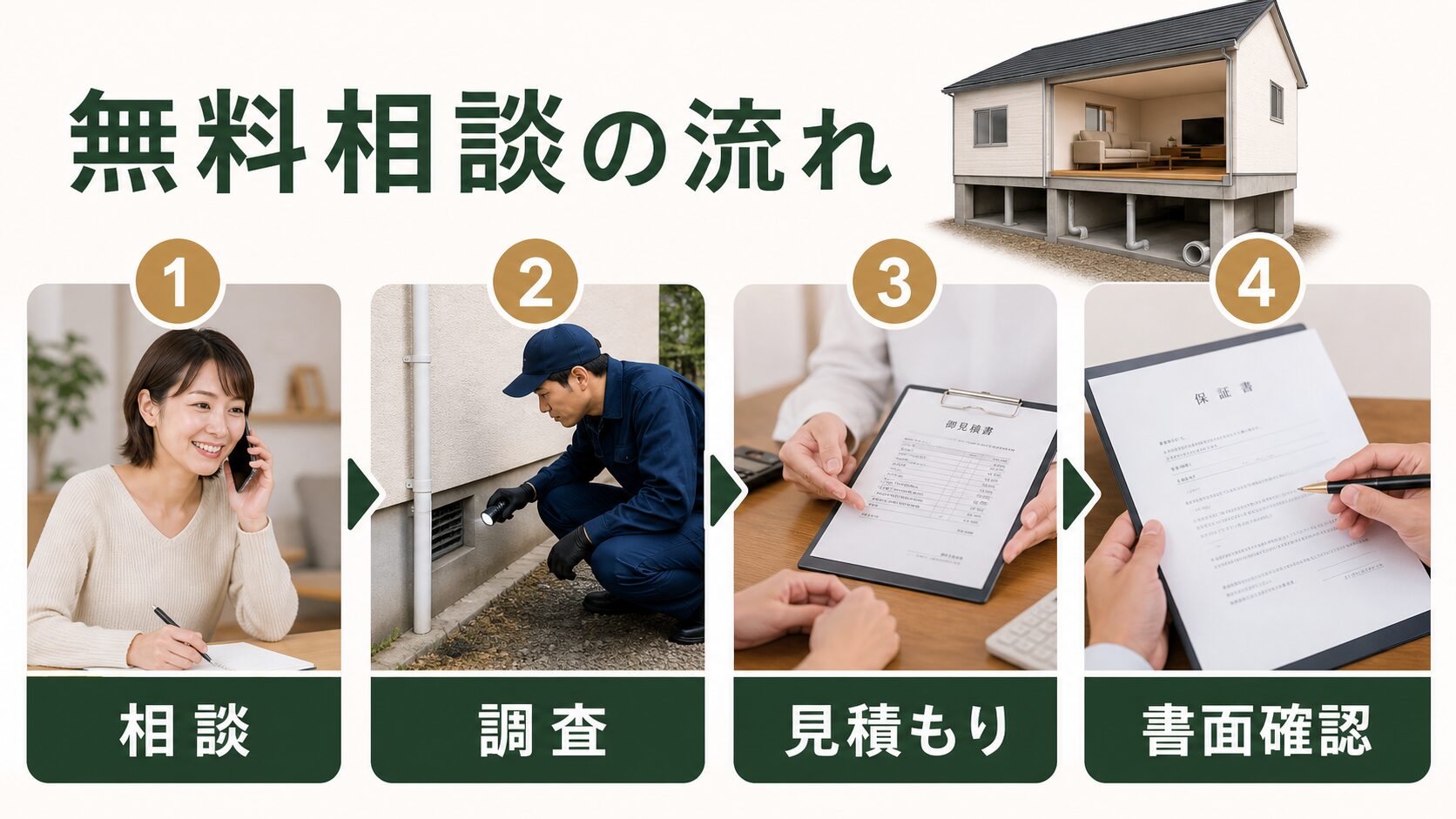 無料相談から書面確認までの流れを示す図解