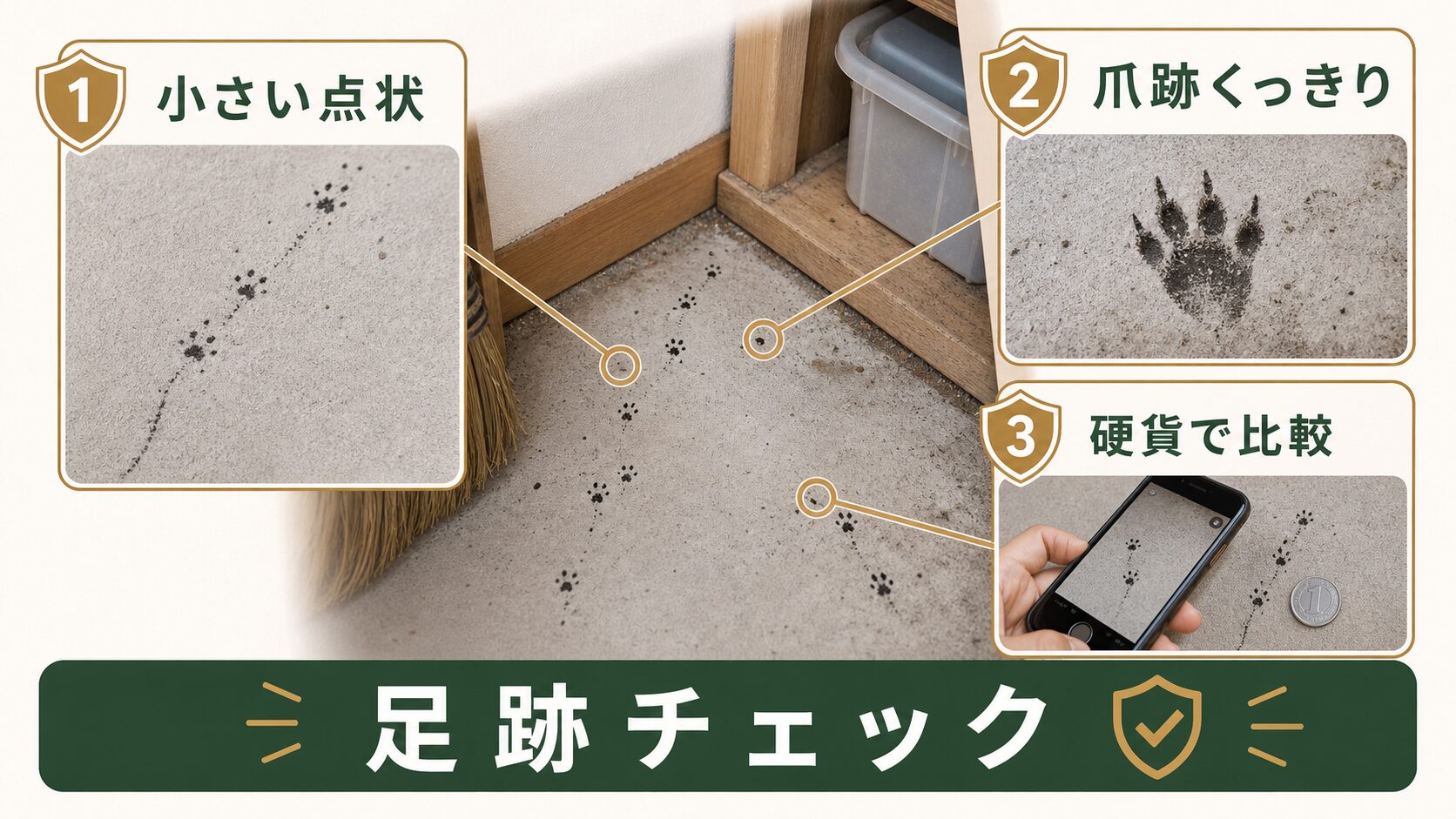 ネズミと他の動物の足跡の違いを比較する図解