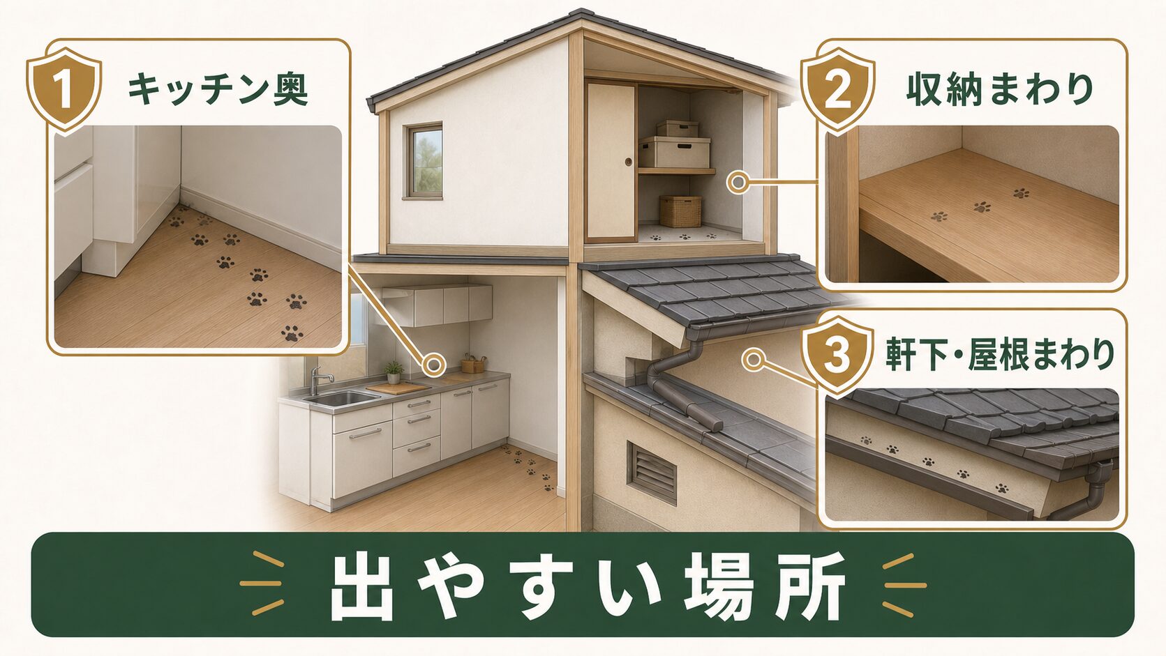 ネズミや害獣の足跡が出やすい場所を示す図解