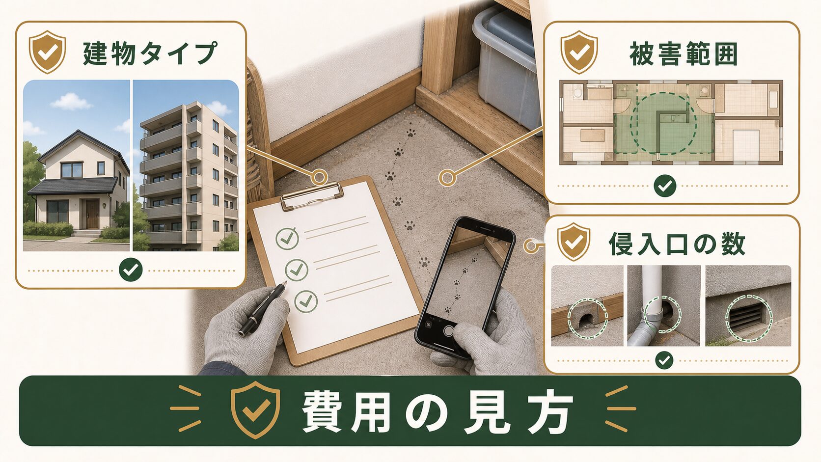 ネズミ駆除費用に影響する建物タイプや被害範囲を示す図解