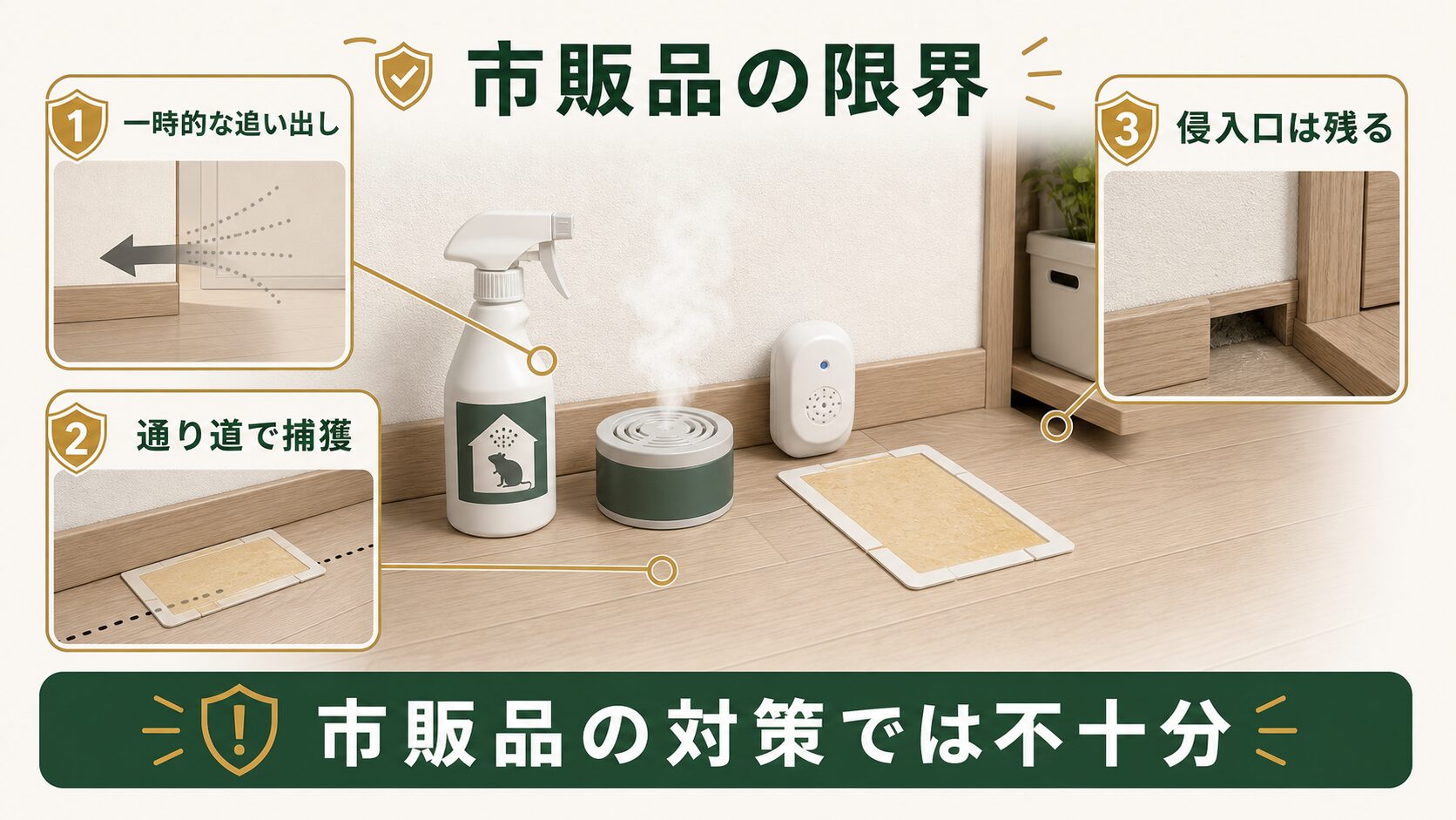 市販の忌避剤や粘着シートでできることと限界を示す図解