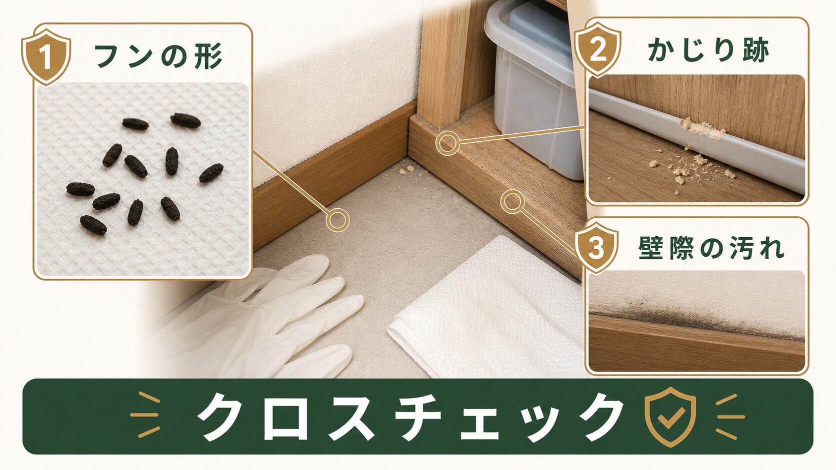 ネズミのフンとかじり跡をあわせて確認する図解