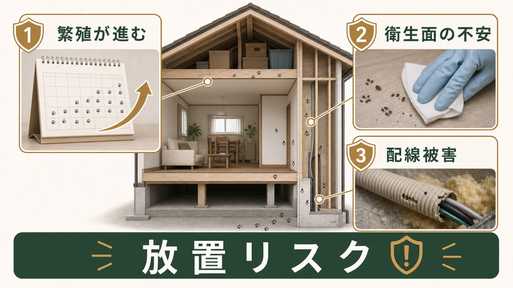 ネズミの足跡を放置した場合の繁殖や衛生面のリスクを示す図解