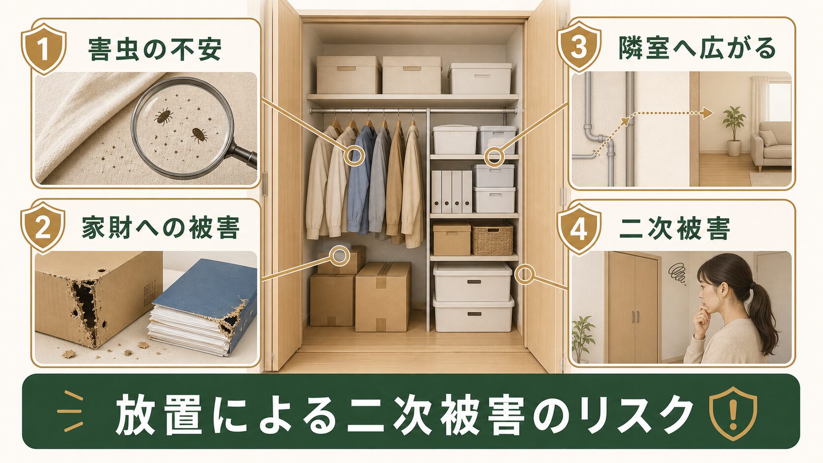 ネズミ被害を放置した場合の家財や害虫への二次被害を示す図解