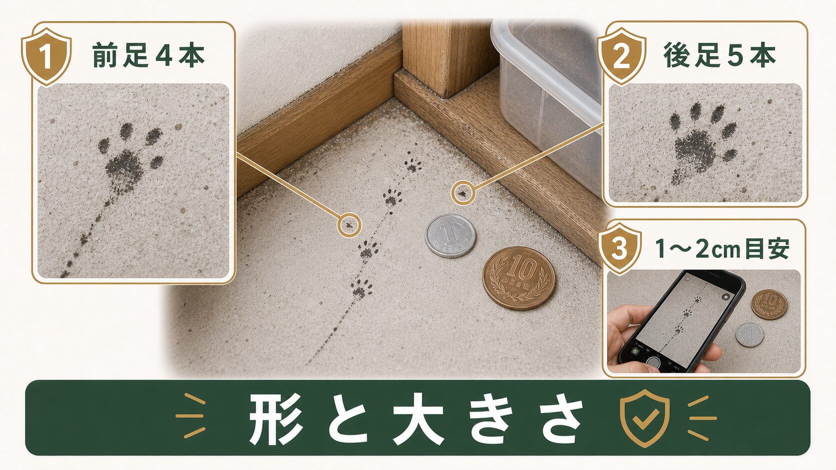 ネズミの足跡の形と大きさを硬貨で比較する図解