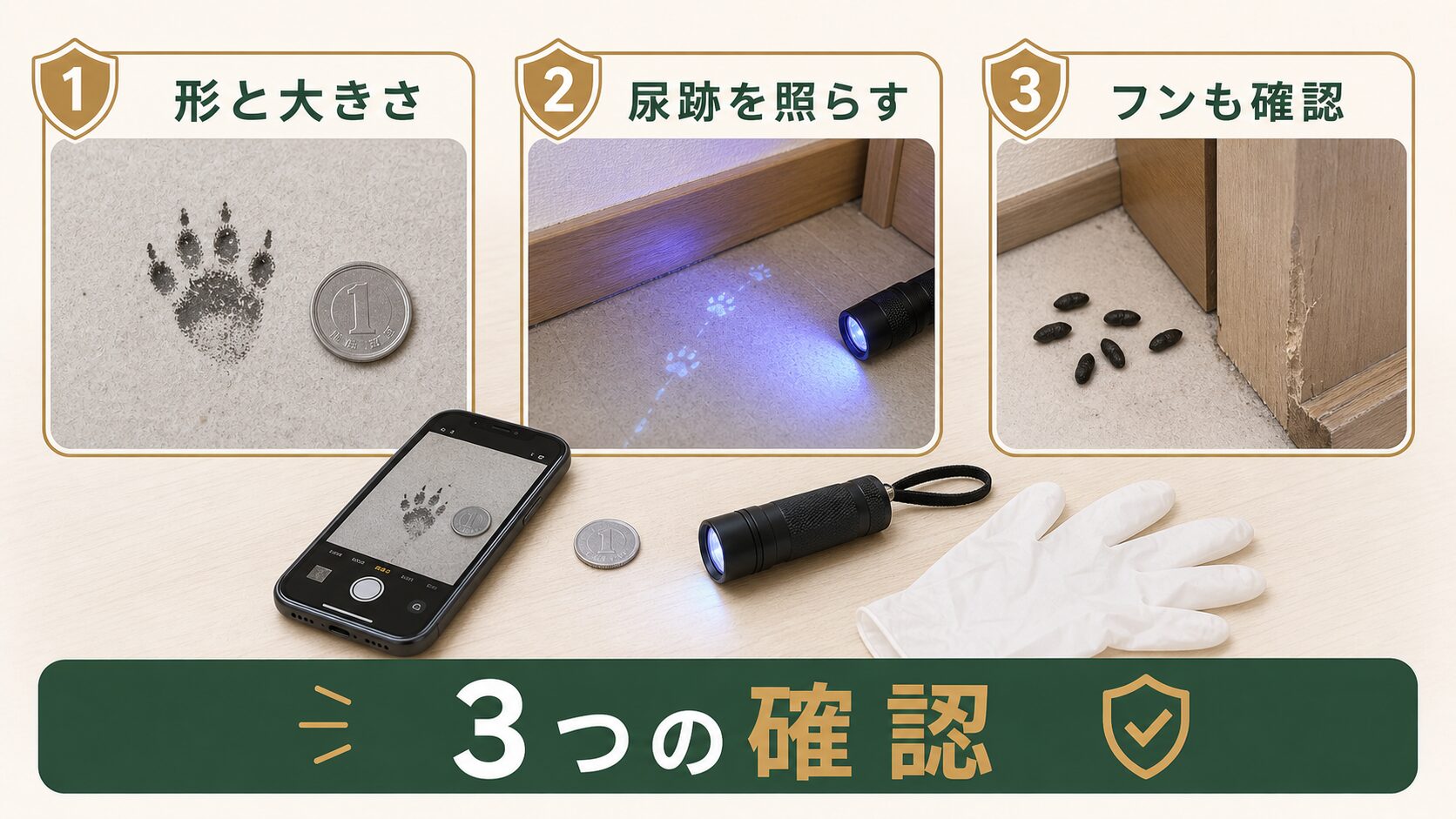 ネズミの足跡を見分ける3つの確認方法を示す図解