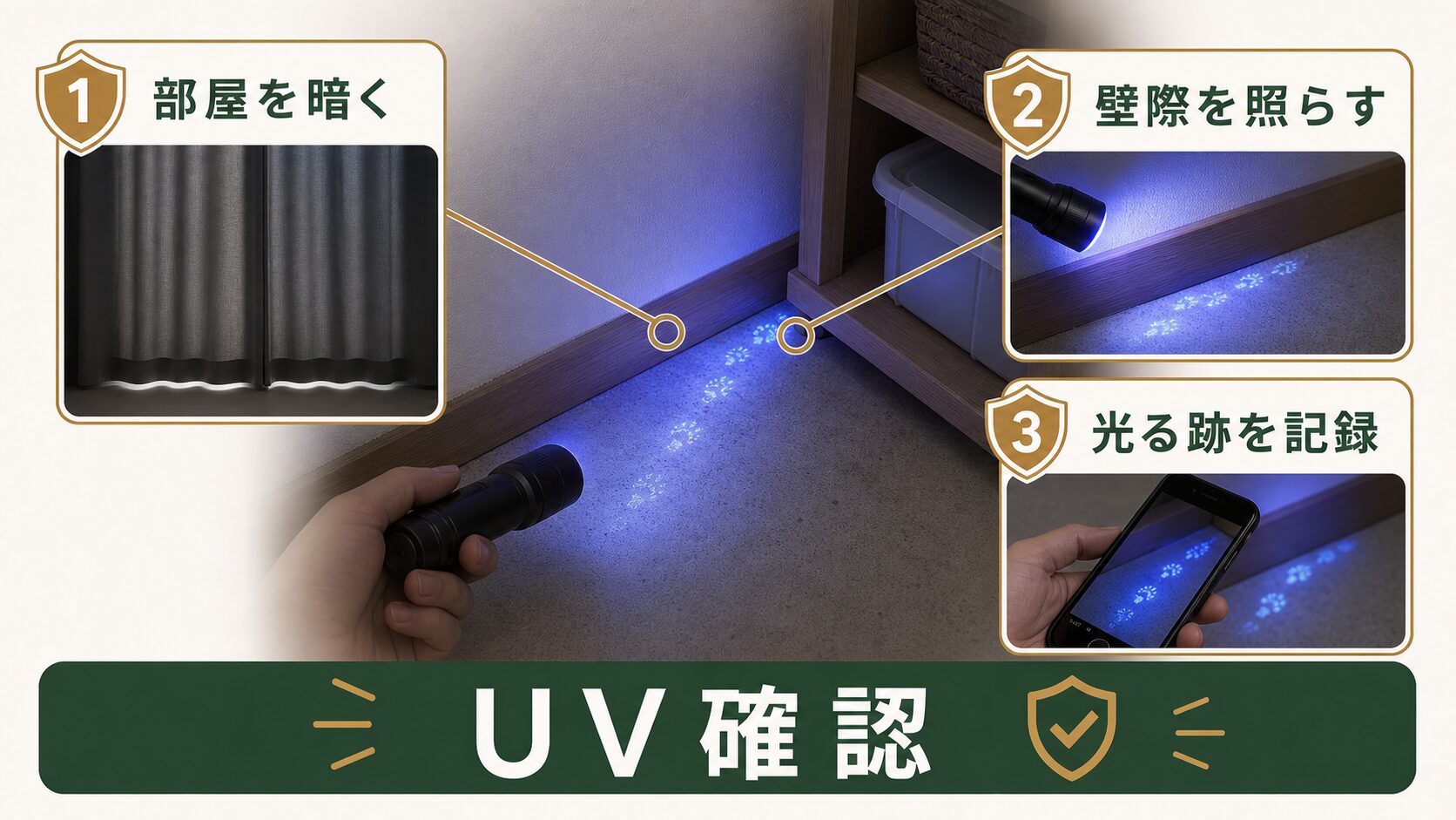 ブラックライトでネズミの尿跡を確認する手順の図解