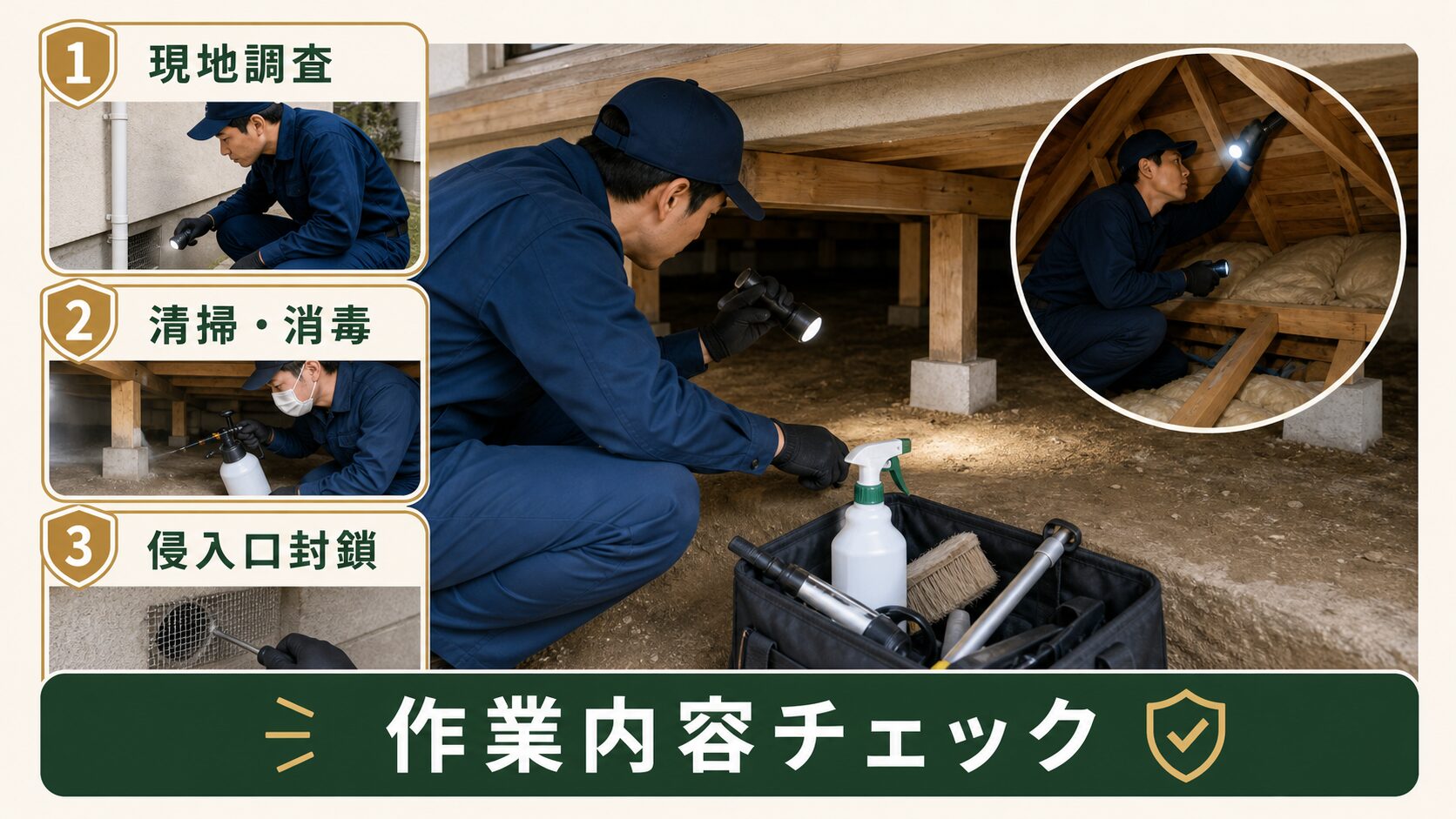 ネズミ駆除の見積もりに含まれる作業内容を解説するイメージ
