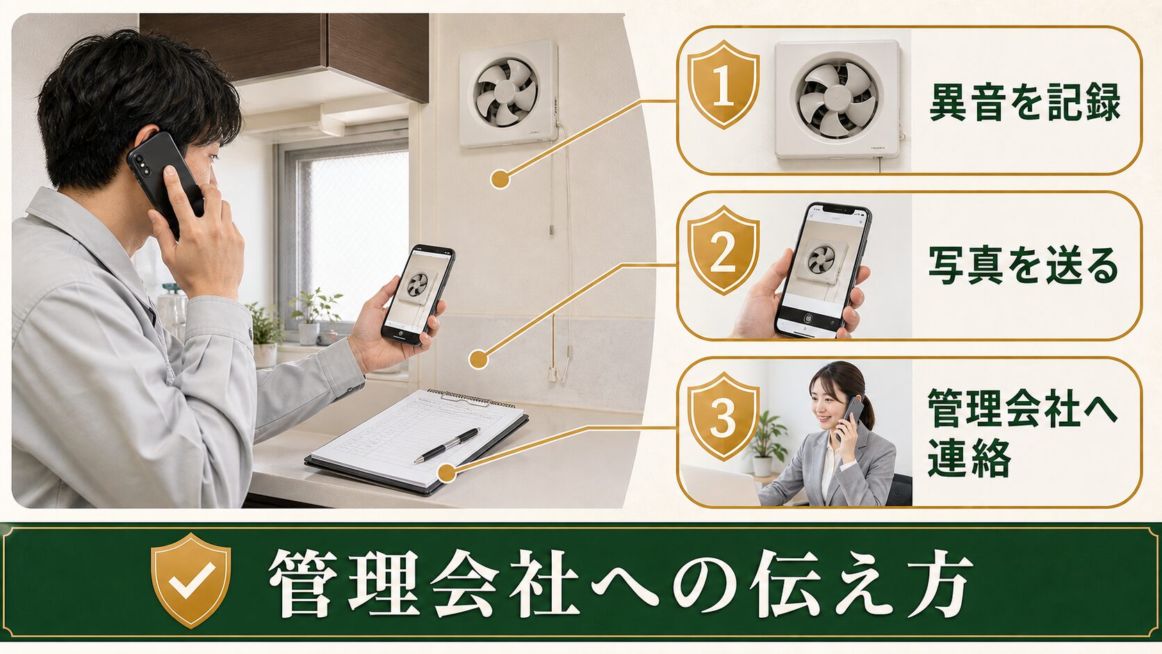 大家や管理会社へ換気扇の異常を連絡する図解