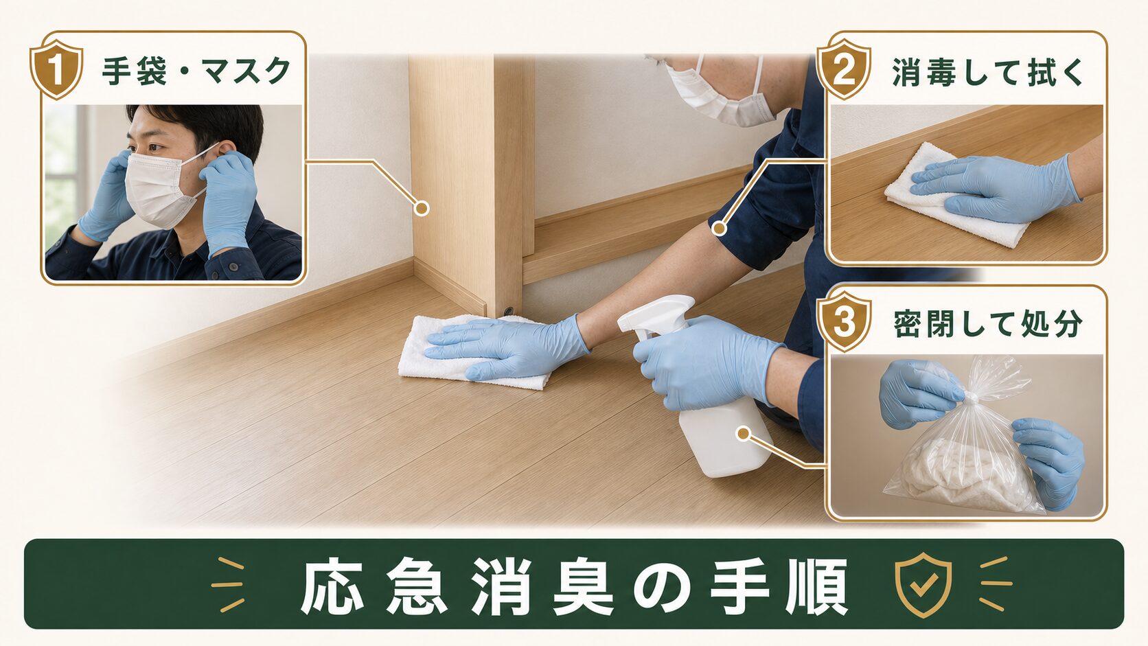 ネズミの臭いに対する応急消臭処置の手順の図解