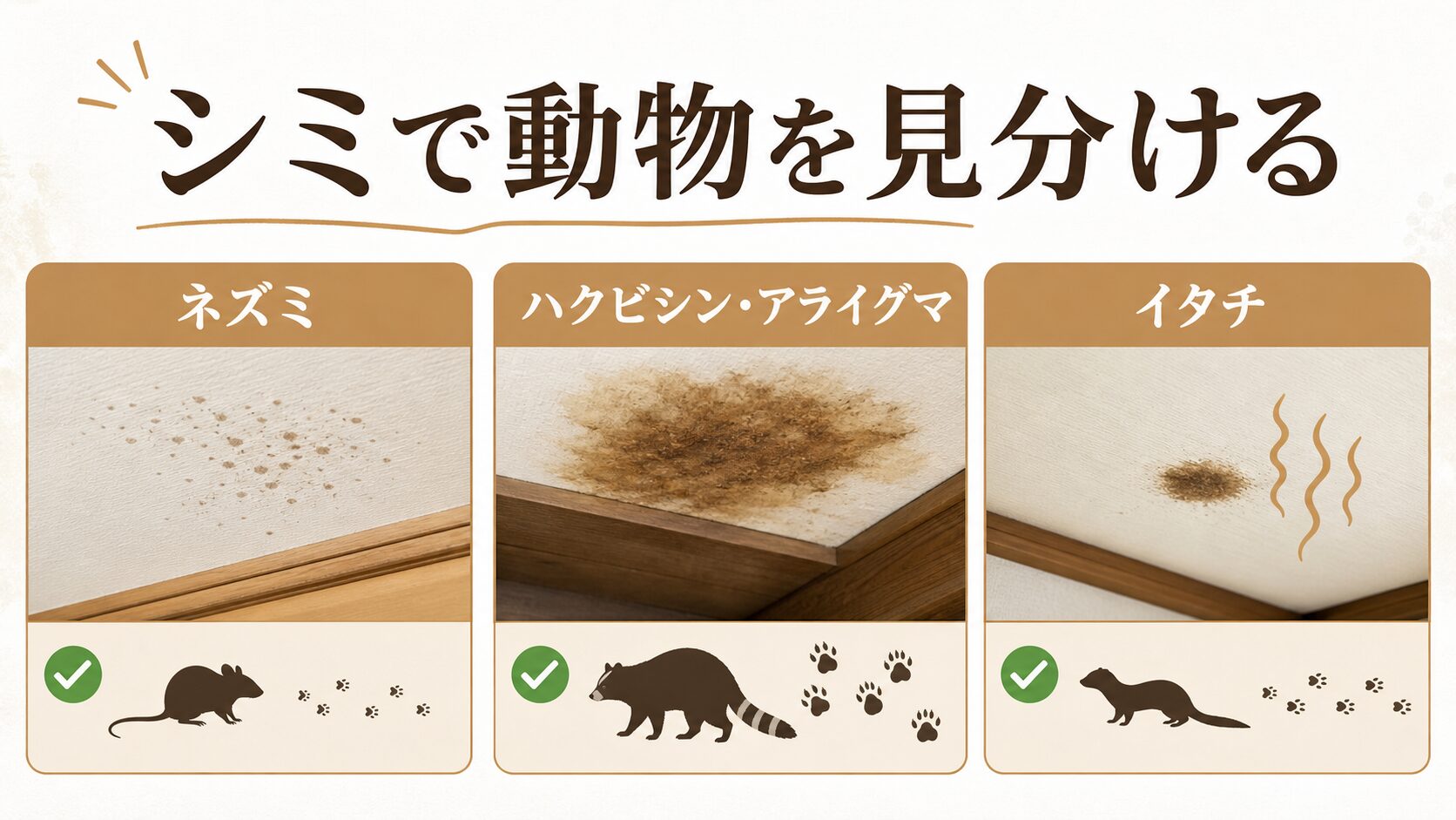 天井のシミからネズミ・ハクビシン・イタチを見分ける図解