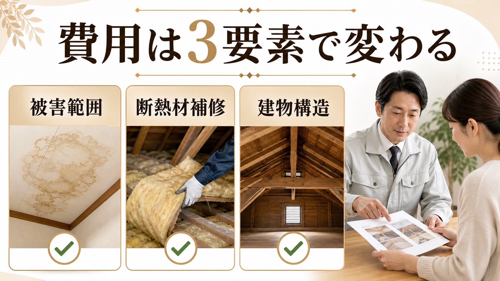 天井シミの補修・断熱材交換・駆除費用に影響する要素の図解