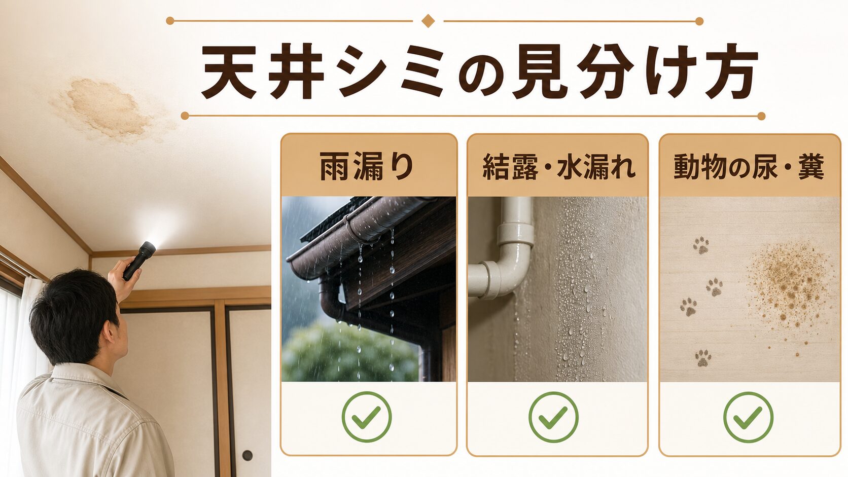 天井のシミの原因を雨漏り・結露・動物由来で見分ける図解