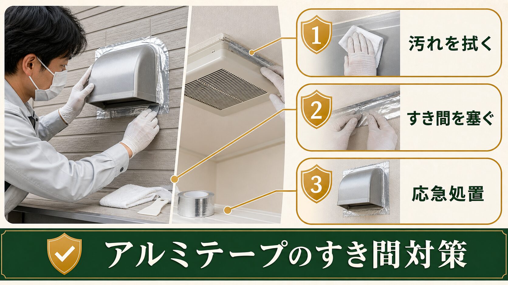 アルミテープで換気扇の隙間を埋める応急対策の図解