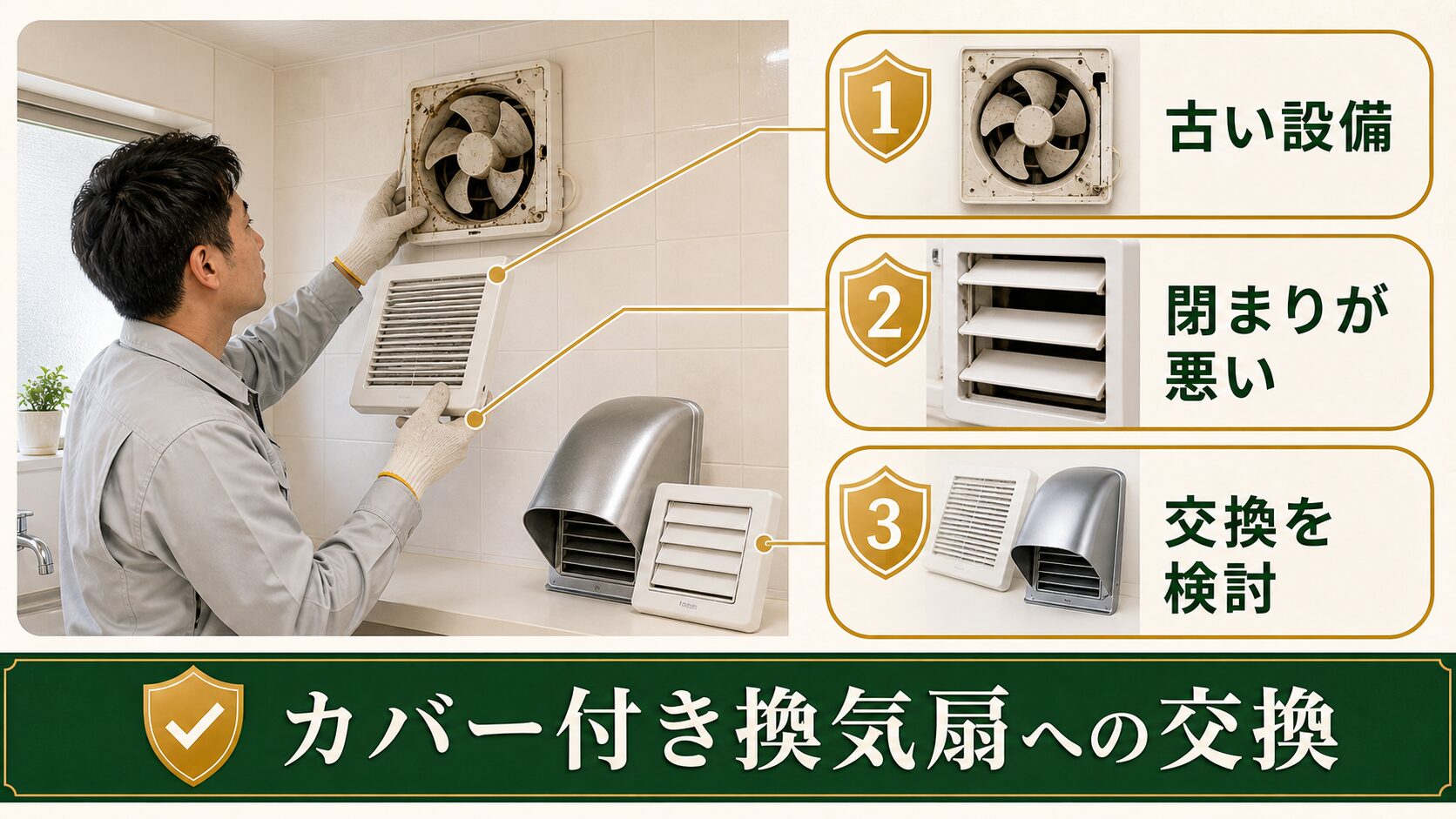 カバー付き換気扇への交換を検討するタイミングを示す図解